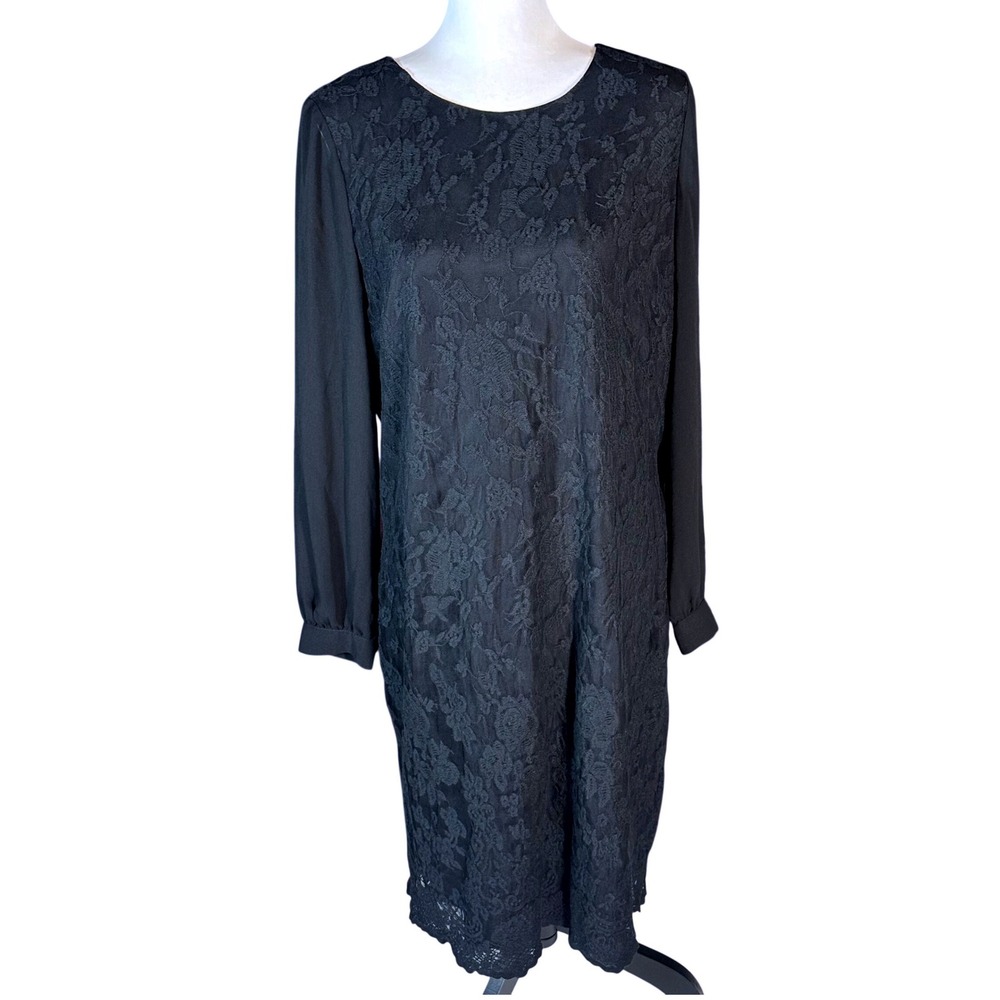Talbots Lace Shift Dress Womens 14 Black Long Sleeve Floral Overlay LBD